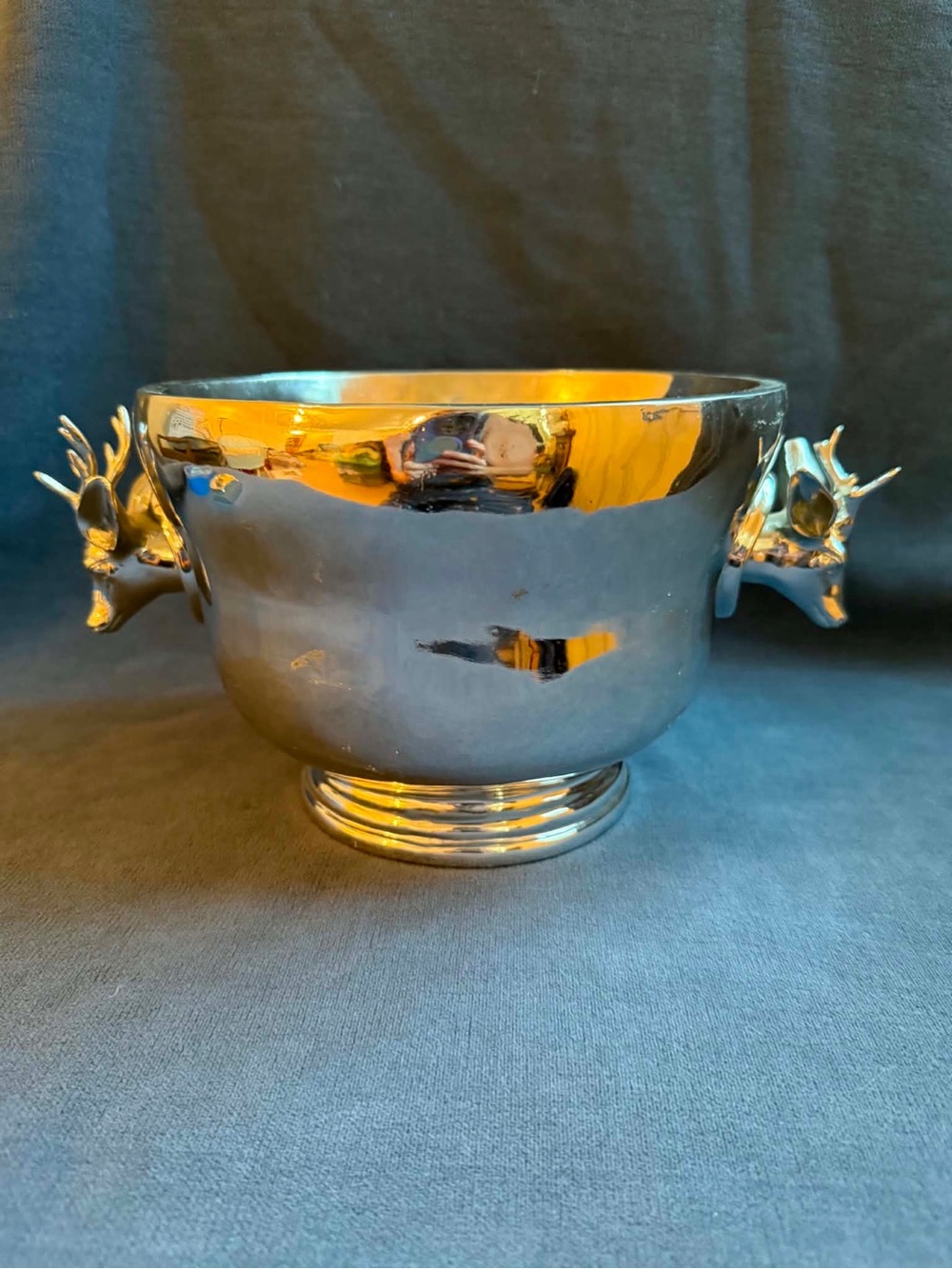 Polished Silver Deer-Handled Serving Bowl